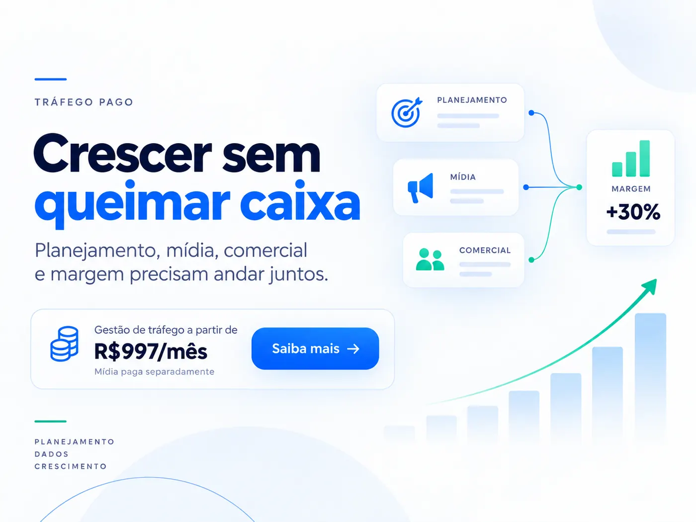 Gestão de tráfego focada em planejamento, mídia, comercial e margem para crescer sem queimar caixa